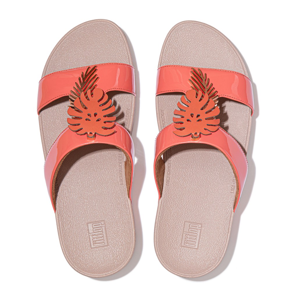 Fitflop Womens Slides Coral Pink - Lottie Jungle-leaf Patent - 80RHUYSLW